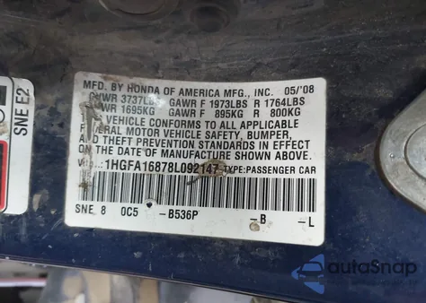 2008 Honda Civic Ex из США, поврежденный, VIN 1HGFA16878L092147